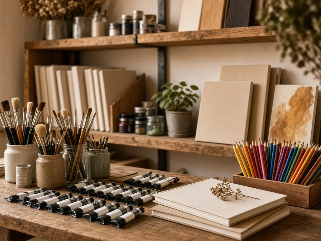 A display of paints, brushes, sketchbooks and coloured pencils
