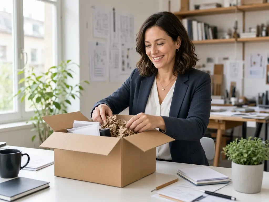 A small business owner unpacking a delivery of office supplies