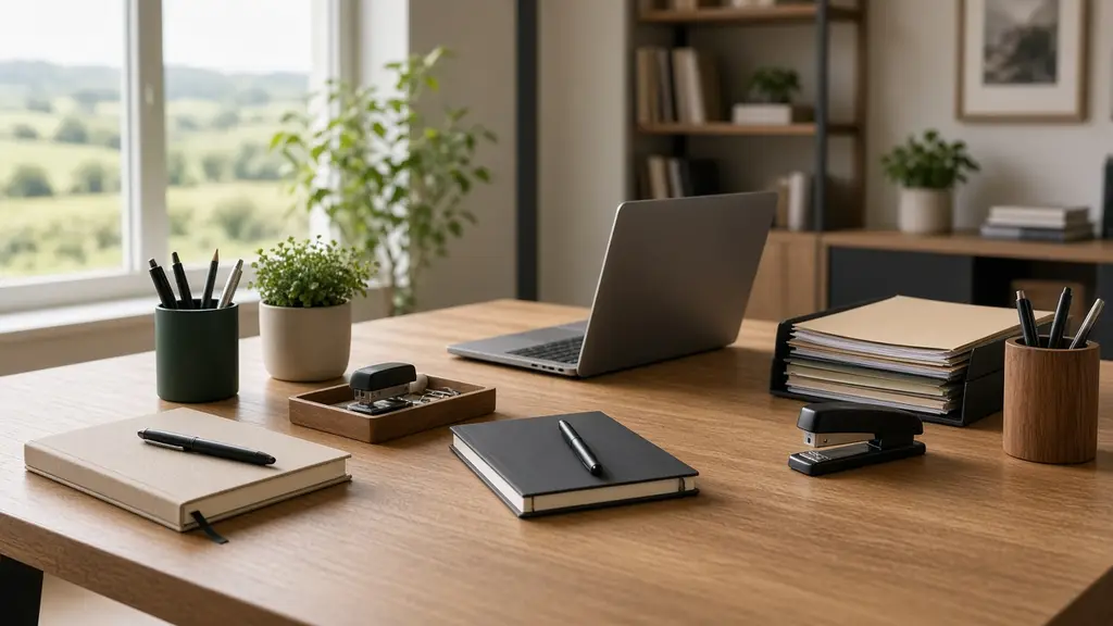 A bright office desk with notebooks, pens, folders and a laptop