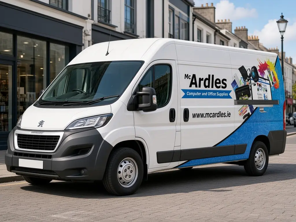 Our vans: a McArdle's Computer and Office Supplies van on a town street