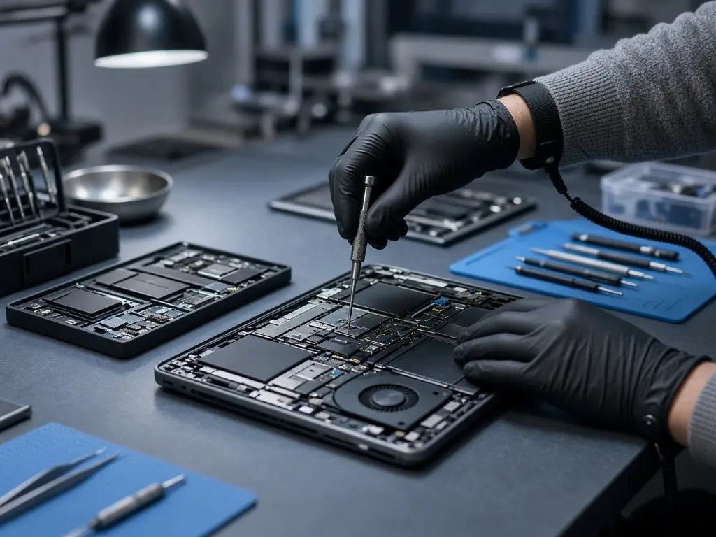 A technician repairing an open laptop on a workbench