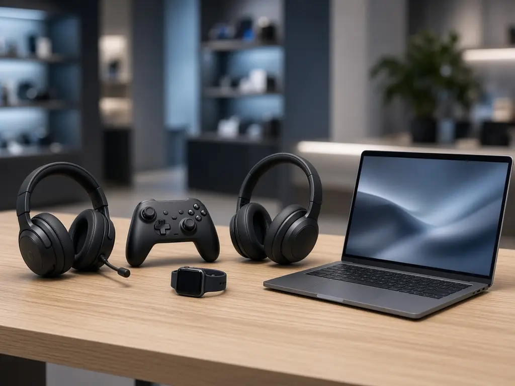 Headphones, a games controller, a smartwatch and a laptop on a table